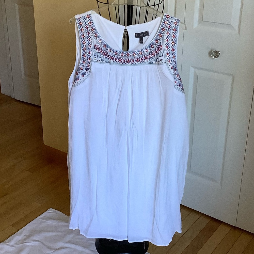 Luxology White Dress with Red and Blue Embroidery